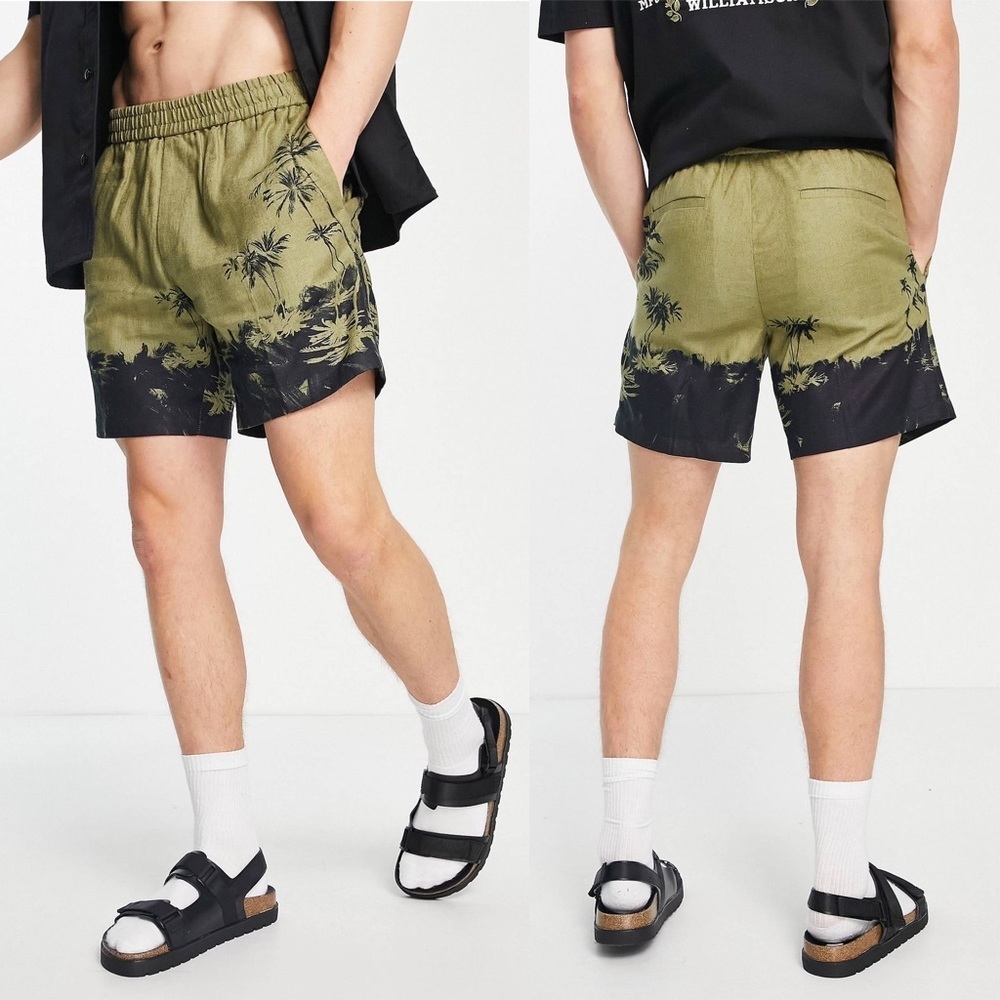 NEW Topman Palm Tree Print Line Blend Shorts Mens Size 30 Green Black Khaki NWOT